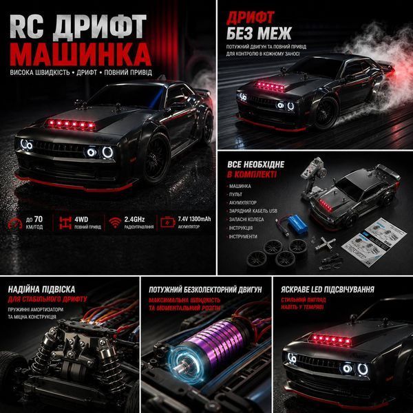 Дрифт машинка Dodge Challenger 70км/год 1:14(34см) на радіокеруванні 6585 фото